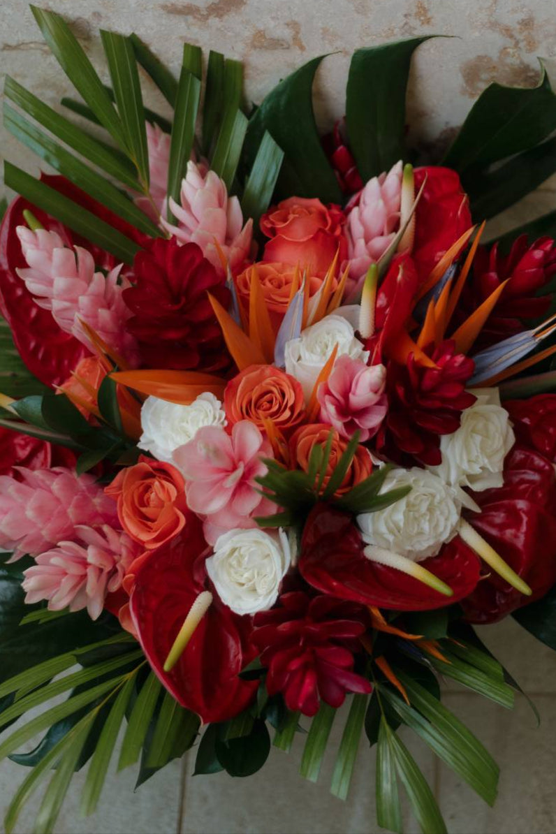 Colorful bouquet of flowers on a marble surface